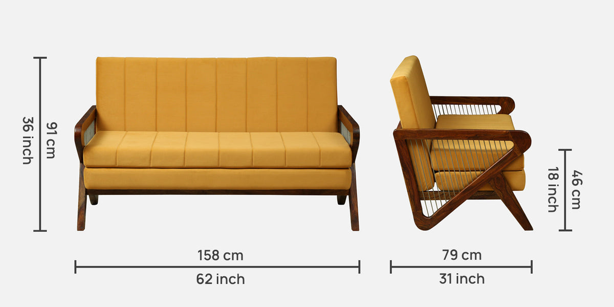 Yellow sofa and armchair with dimensions on a white background