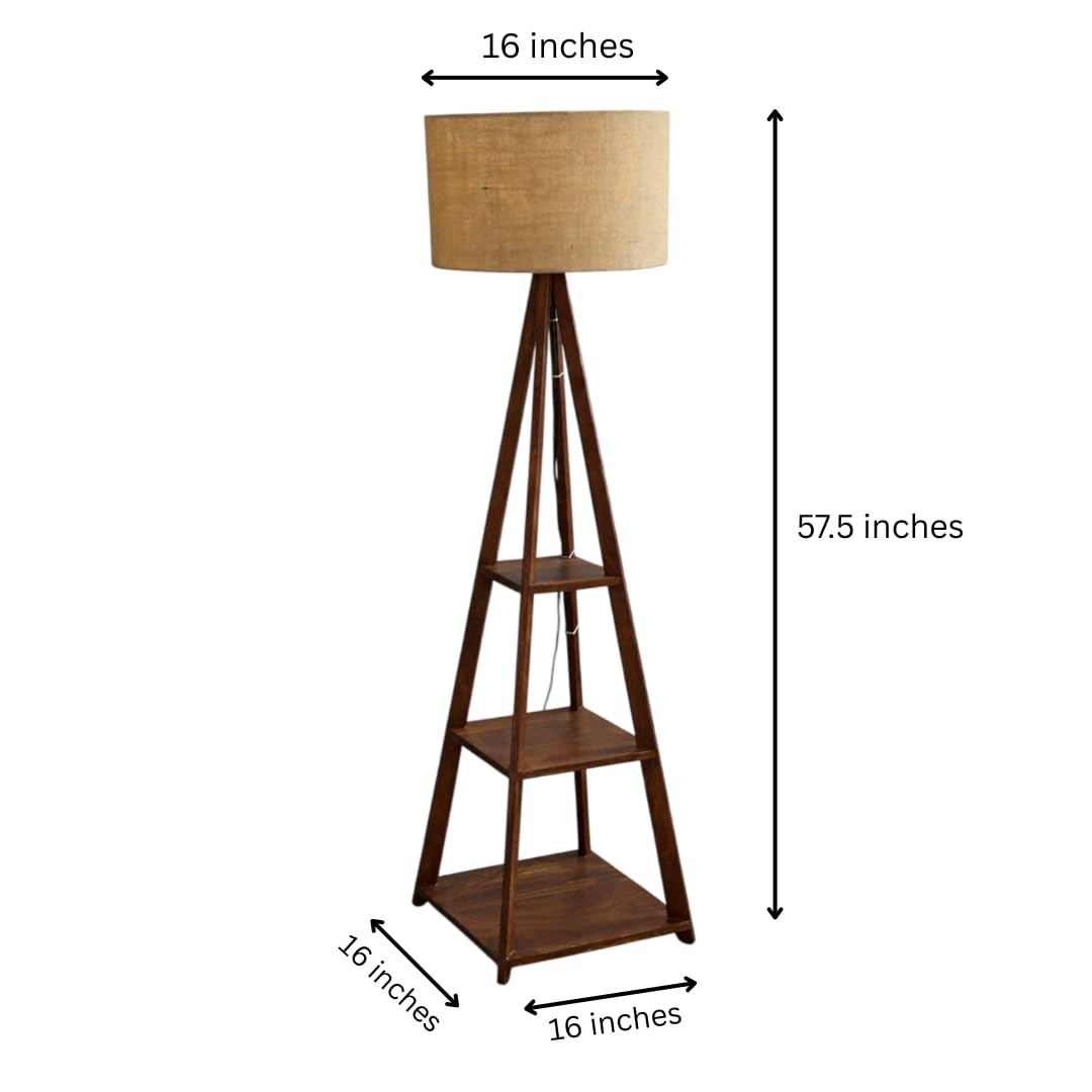 WOOD CURLS walnut mango wood floor lamp with three storage shelves and a beige fabric drum shade, 57.5 inches tall.