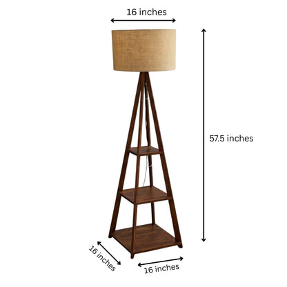 WOOD CURLS walnut mango wood floor lamp with three storage shelves and a beige fabric drum shade, 57.5 inches tall.