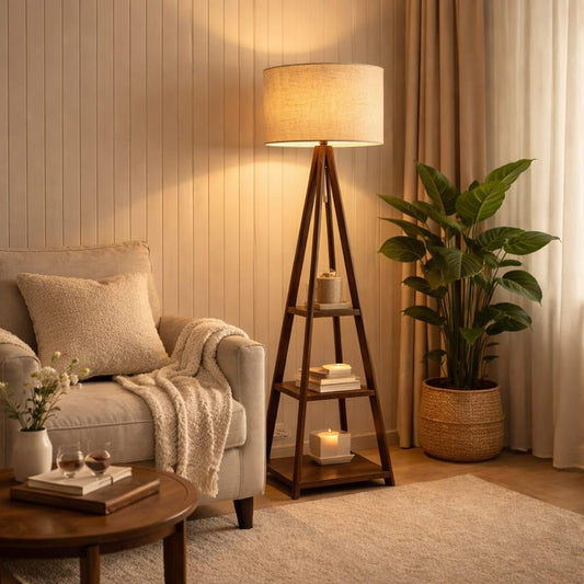 WOOD CURLS walnut mango wood tripod floor lamp with three storage shelves and a beige fabric shade in a cozy living room