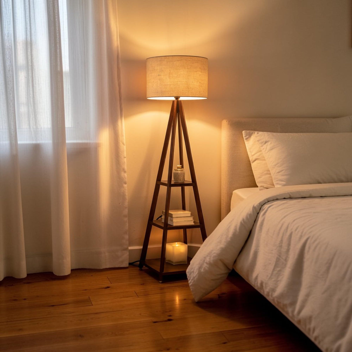 WOOD CURLS walnut mango wood tripod floor lamp with three storage shelves and a fabric shade in a cozy bedroom.