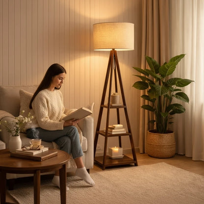 WOOD CURLS walnut mango wood tripod floor lamp with three storage shelves and a fabric shade in a cozy living room