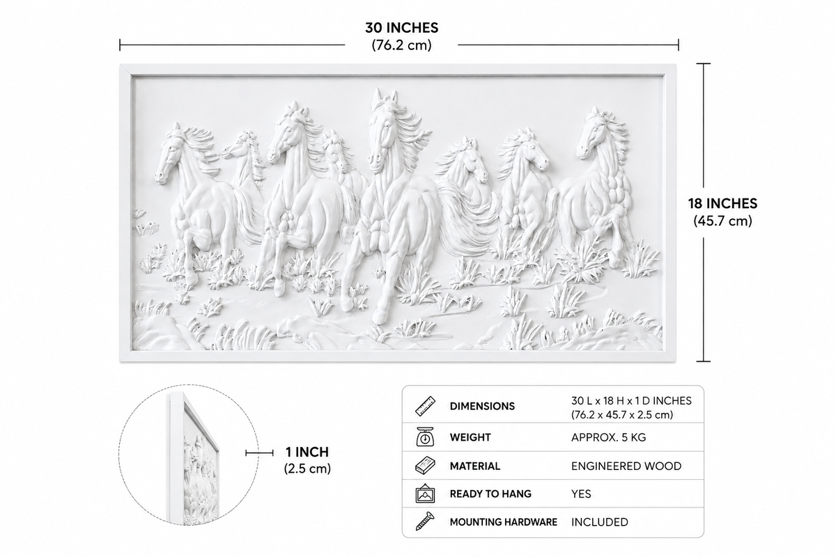 WOOD CURLS white 3D horse relief wall panel featuring galloping horses in engineered wood with dimensions and details.