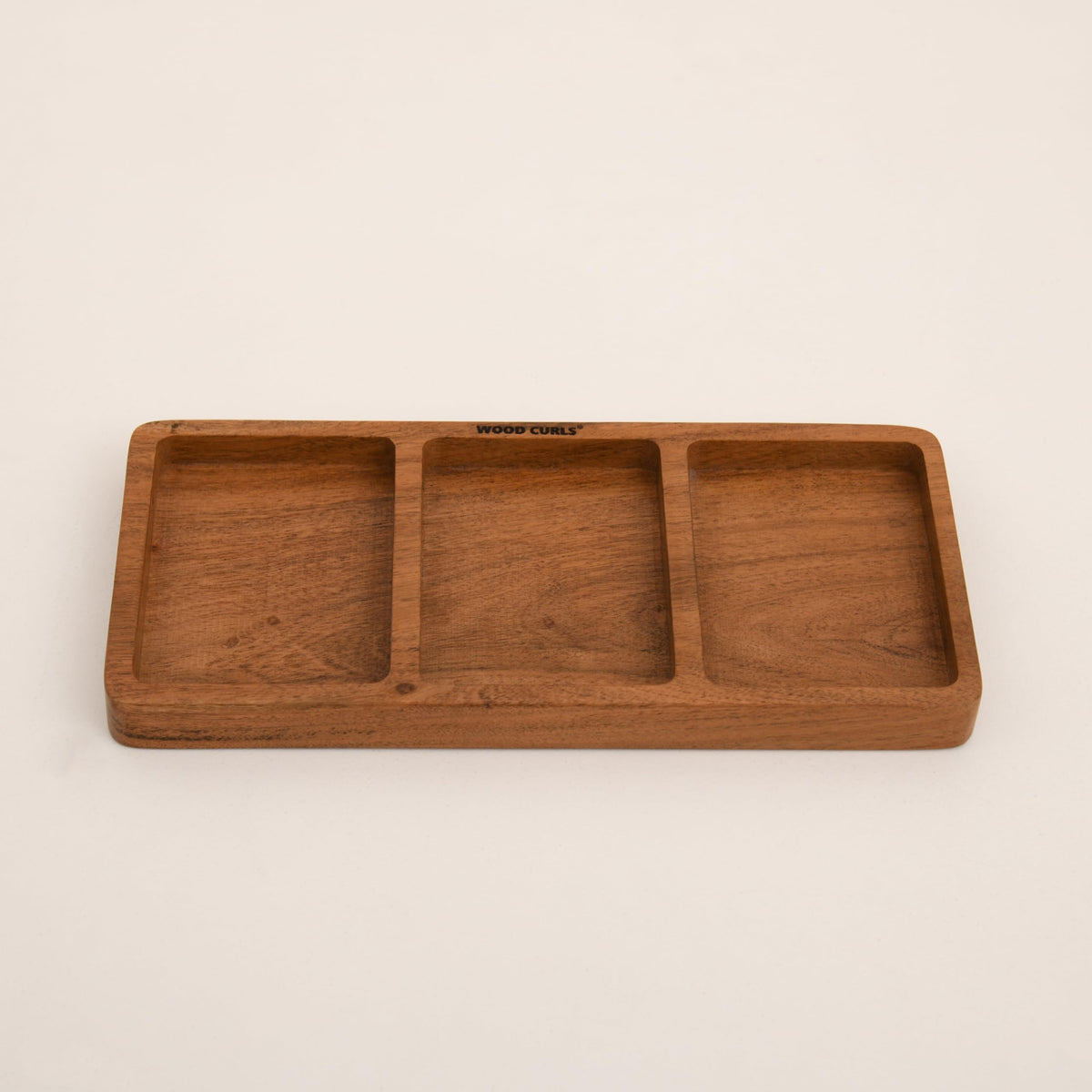 WOOD CURLS solid brown wooden 3-compartment storage tray for organizing kitchen essentials or desk supplies.