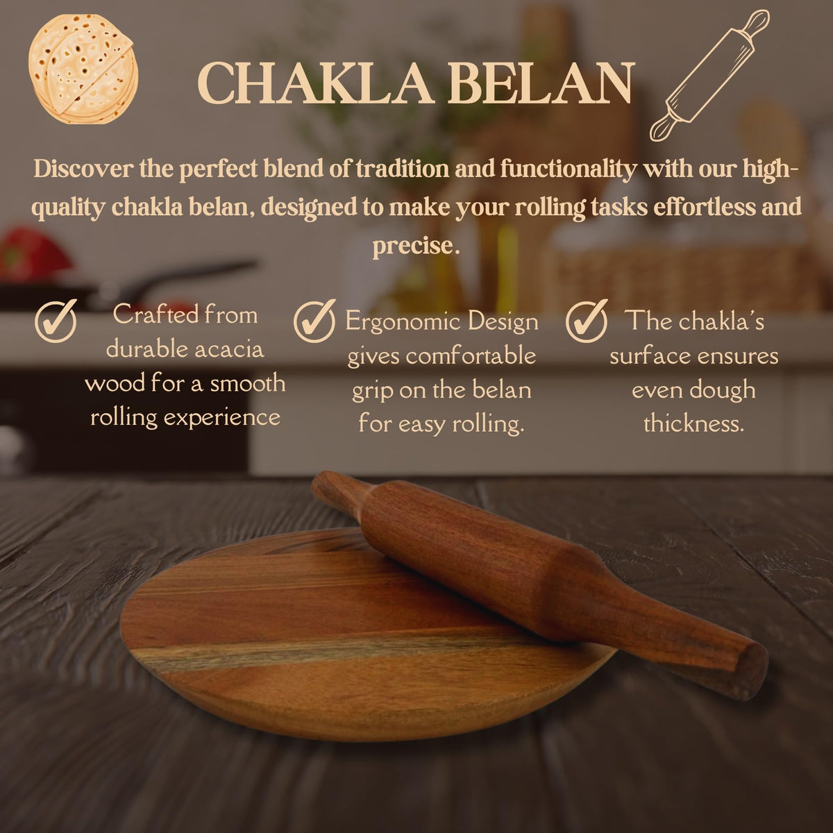 WOOD CURLS wooden chakla belan set with a 24 cm acacia wood rolling board and 32 cm rolling pin for roti preparation.