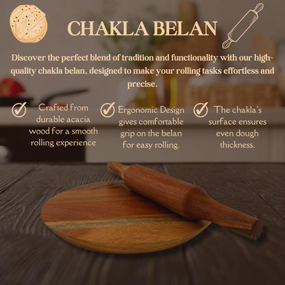 WOOD CURLS wooden chakla belan set with a 24 cm acacia wood rolling board and 32 cm rolling pin for roti preparation.