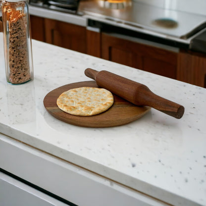 WOOD CURLS wooden chakla belan set with a round rolling board and pin, featuring a freshly rolled roti on the board.