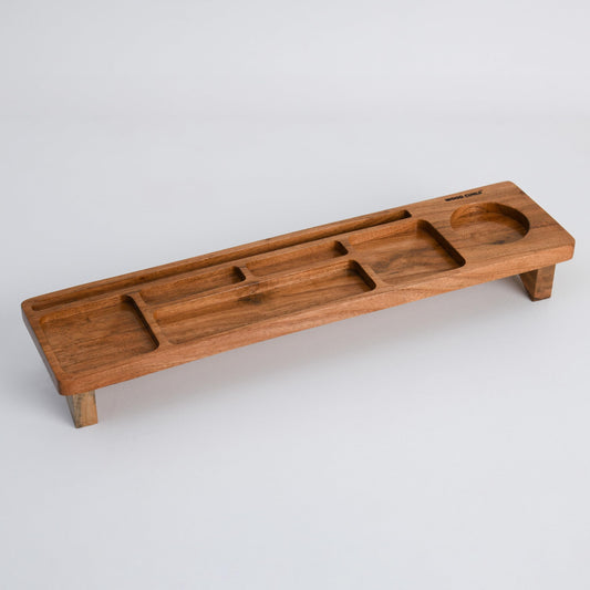 WOOD CURLS wooden desk organizer tray with multiple compartments and a beverage holder for home office stationery.