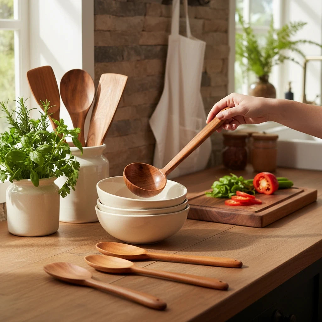 WOOD CURLS set of 5 natural wooden kitchen utensils including a ladle and spatulas on a rustic kitchen countertop.