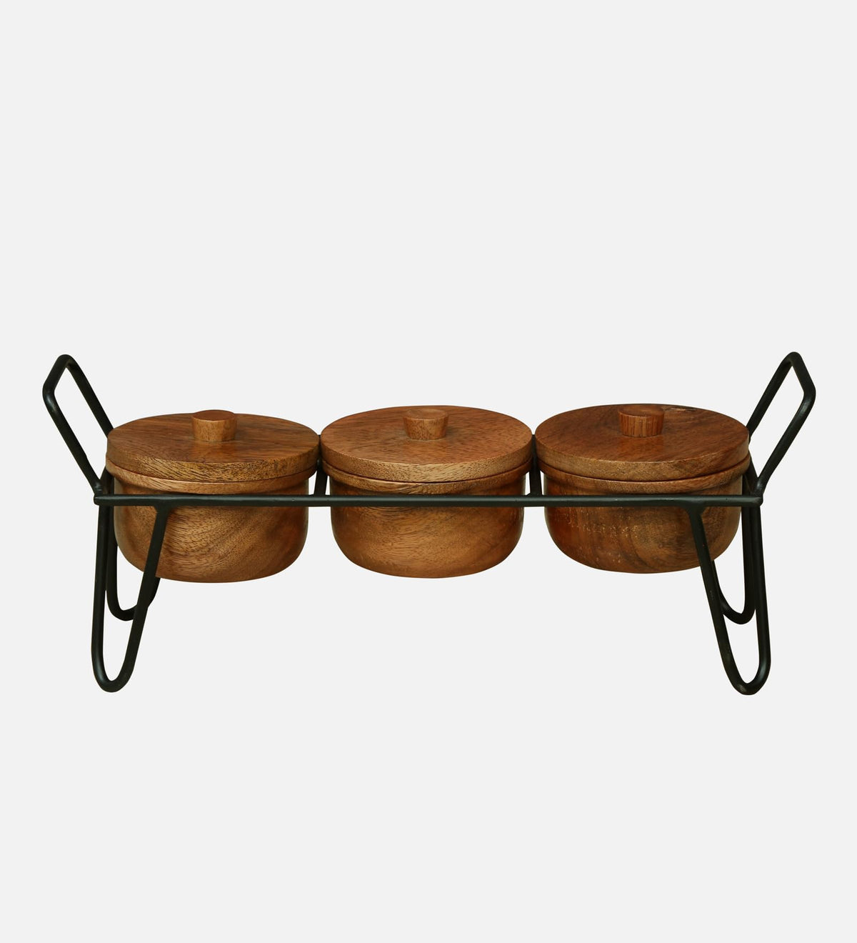 WOOD CURLS set of 3 handcrafted solid wood serving bowls with lids arranged on a black metal stand for snacks.