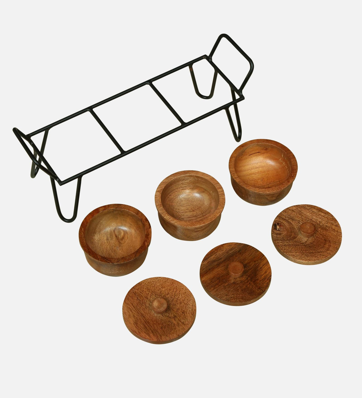WOOD CURLS set of 3 handcrafted solid wood serving bowls with lids and a black metal stand for snacks and dry fruits.
