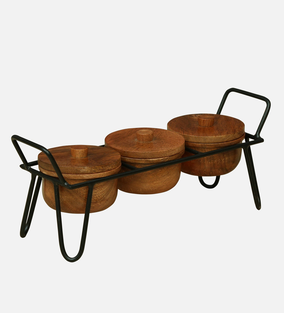WOOD CURLS set of three handcrafted solid wood serving bowls with lids on a black metal stand for snacks and dry fruit
