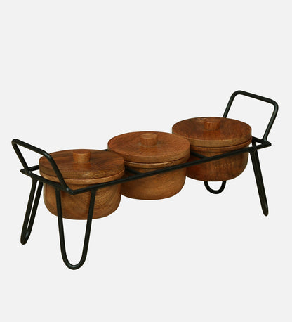 WOOD CURLS set of three handcrafted solid wood serving bowls with lids on a black metal stand for snacks and dry fruit