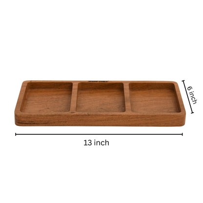 WOOD CURLS rectangular wooden storage tray with three compartments and a warm brown finish for home organization