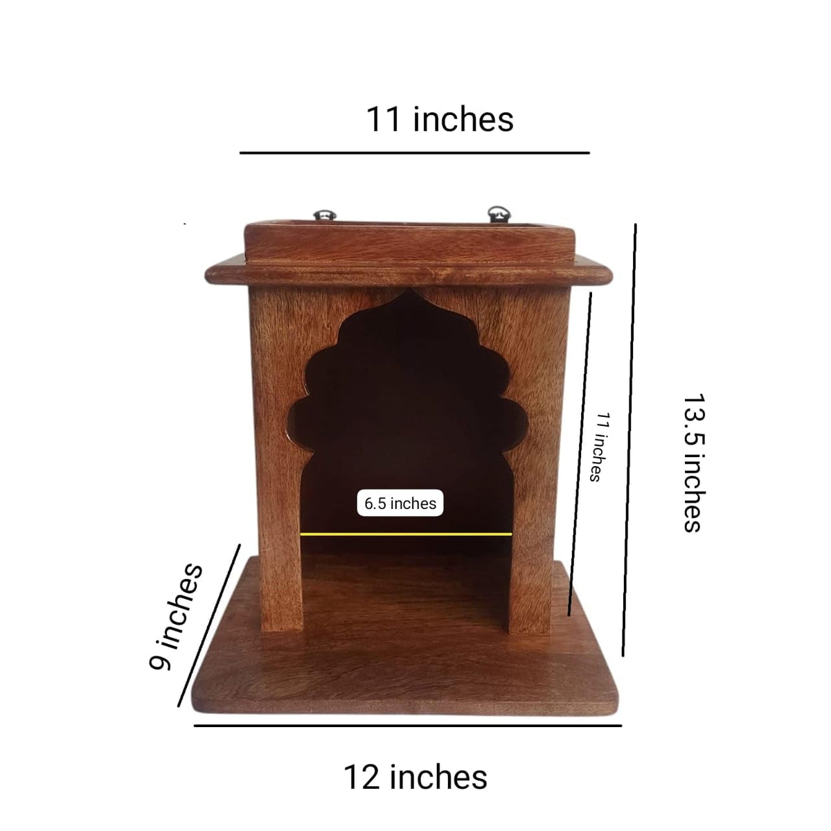 WOOD CURLS wall hanging pooja temple in brown mango wood with a traditional arch design for small home spaces