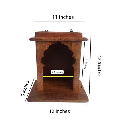 WOOD CURLS wall hanging pooja temple in brown mango wood with a traditional arch design for small home spaces