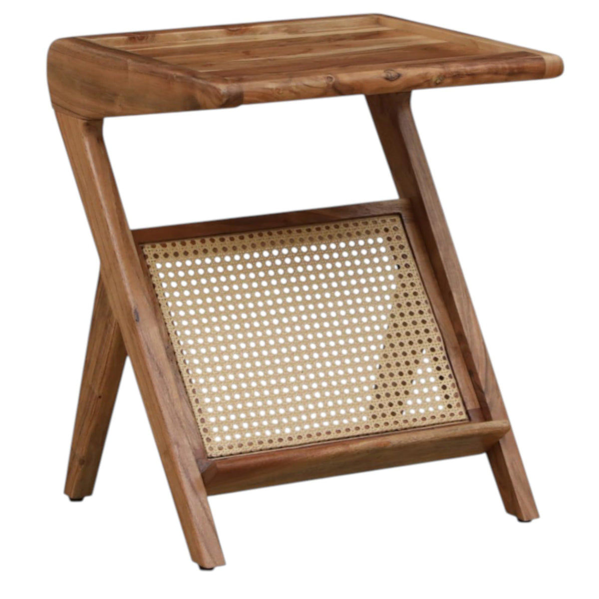 Wooden side table with a woven seat on a white background
