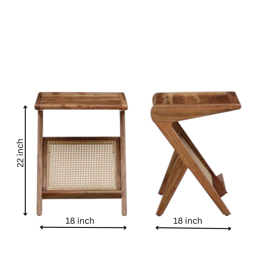 WOOD CURLS Z-shaped solid wood side table with a natural finish and rattan storage rack, shown with dimensions.