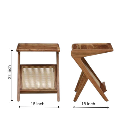 WOOD CURLS Z-shaped solid wood side table with a natural finish and rattan storage rack, shown with dimensions.