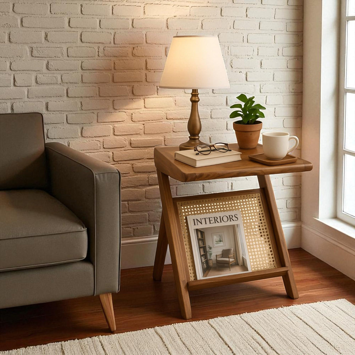 z-shaped solid wood side table with storage natural finish

handcrafted wooden end table for living room

solid wood bedside table with storage rack

wooden sofa side table furniture décor