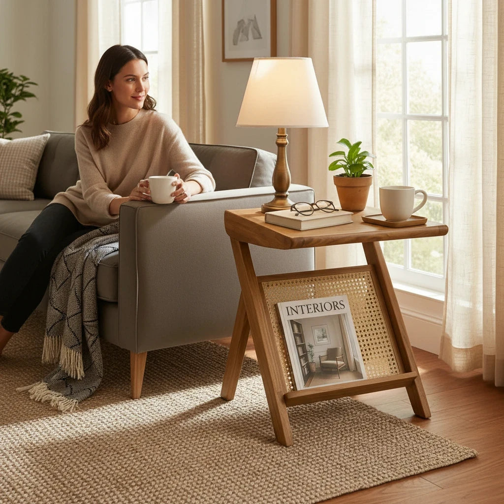 WOOD CURLS Z-shaped solid wood side table with rattan storage rack, styled next to a sofa with a lamp and books.