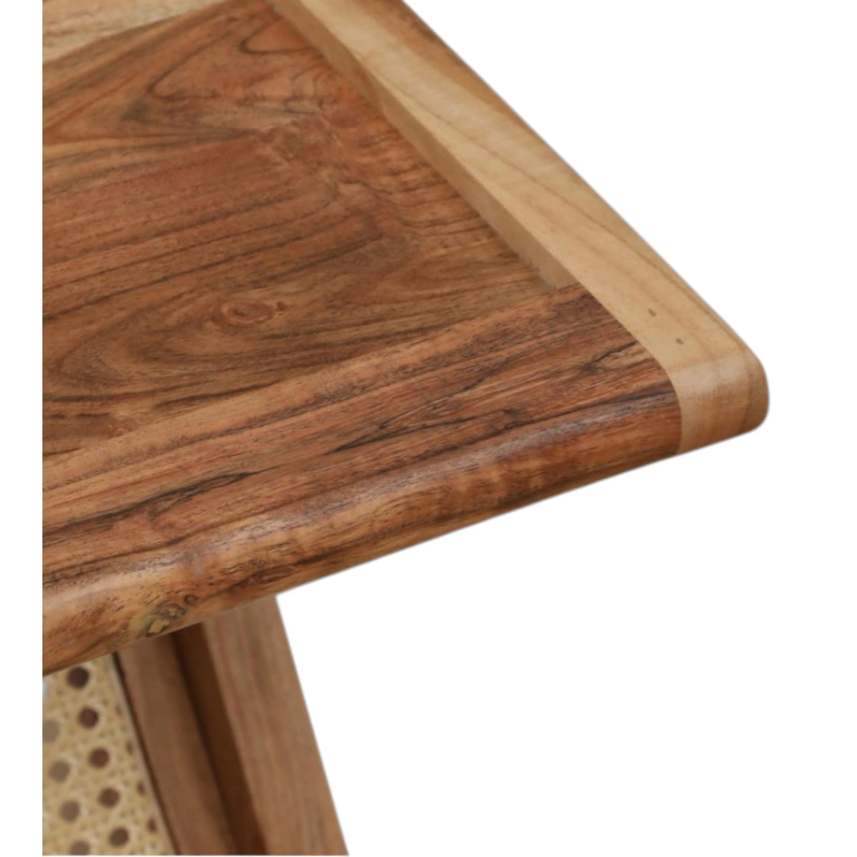 WOOD CURLS Z-shaped solid wood side table with natural grain finish and rattan storage detail