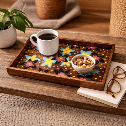 Hand-Painted Wooden Serving Tray – Mango Wood Floral Tray for Home, Kitchen & Décor