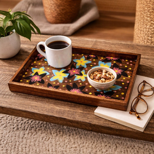 Hand-Painted Wooden Serving Tray – Mango Wood Floral Tray for Home, Kitchen & Décor